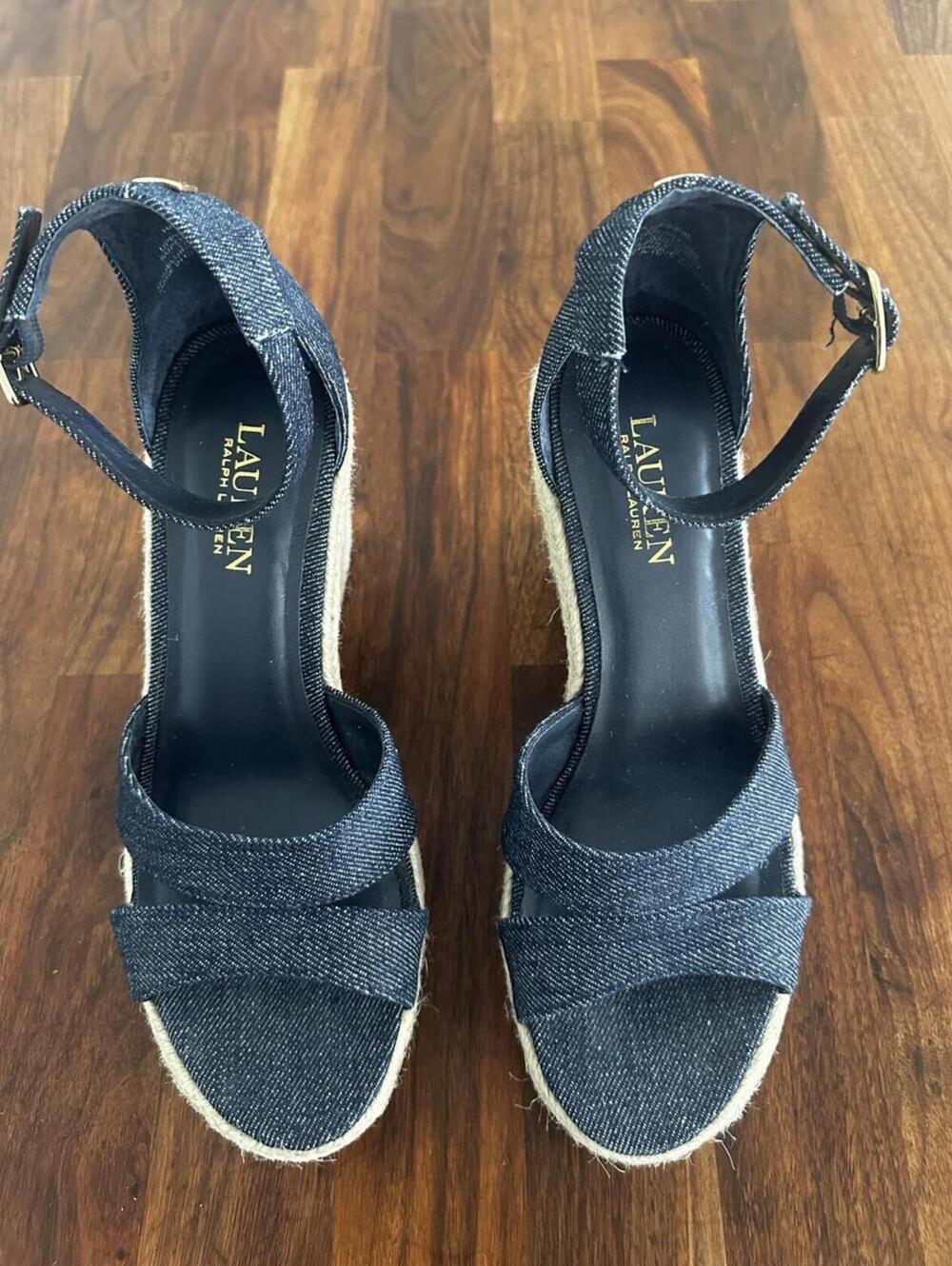 Lauren Ralph Lauren Halda Blue Denim Espadrille Wedge Sandals - 7B EUC